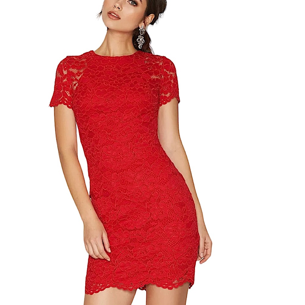 LAUREN RALPH LAUREN: Nelly Short Sleeve Red Lace Sheath Dress -Size 4